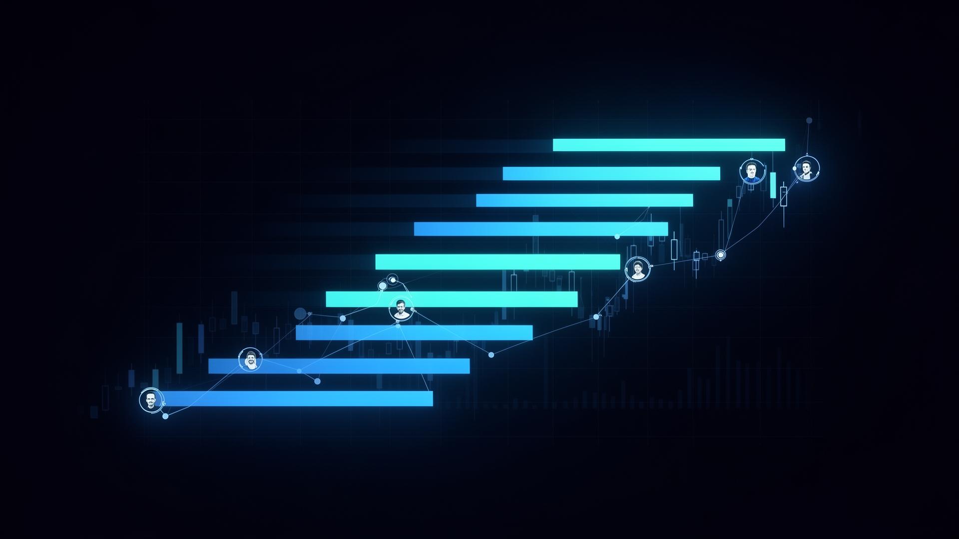Abstract leaderboard of finance creators ranked by track record on a dark terminal-style chart