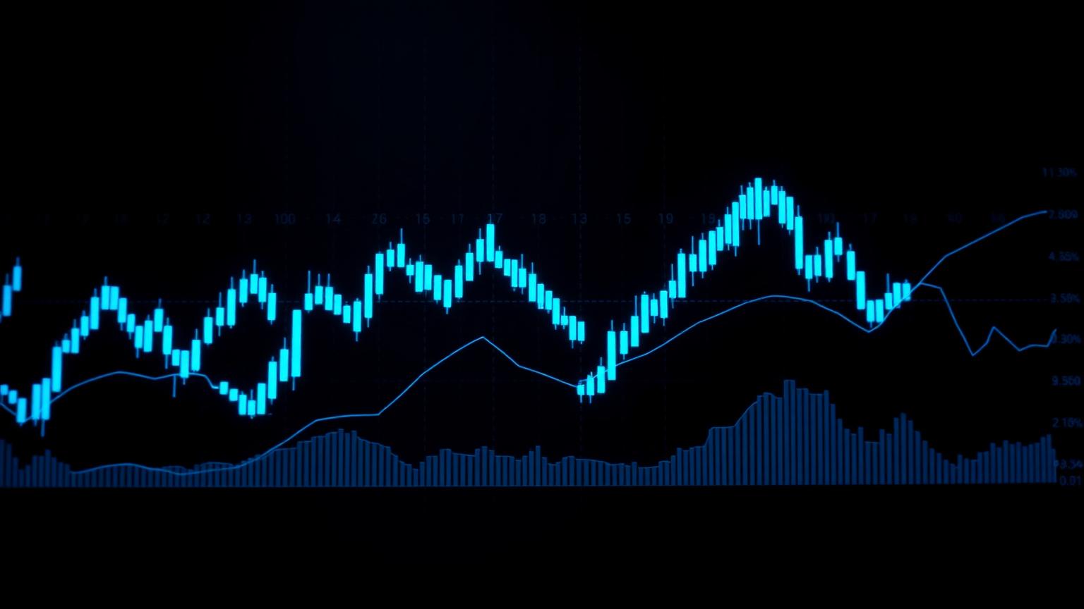AI neural network analyzing glowing blue candlestick stock charts on a dark terminal-style dashboard