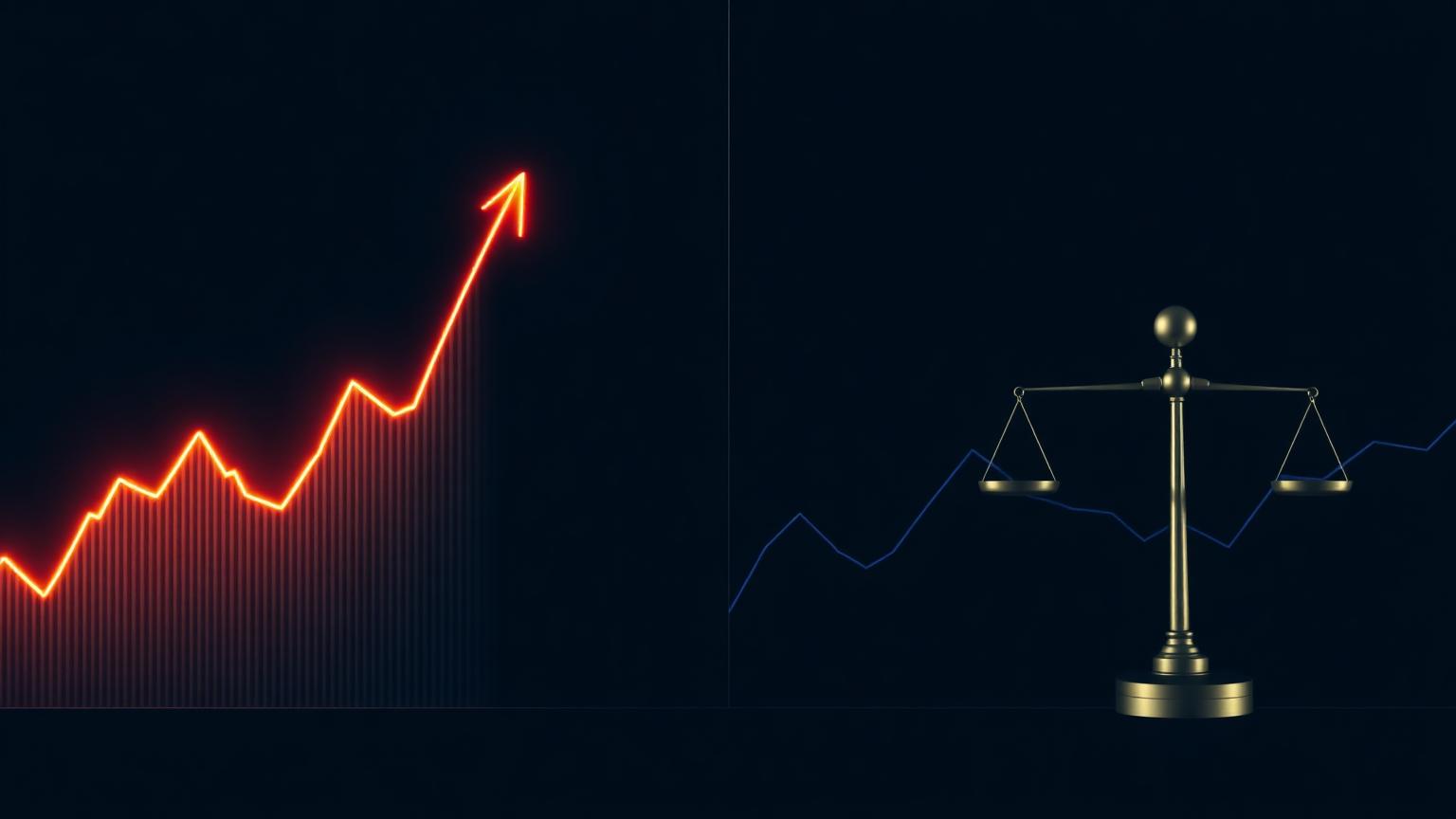 Split-screen of a fast-rising growth chart and a balance scale over a steady value chart on a dark background