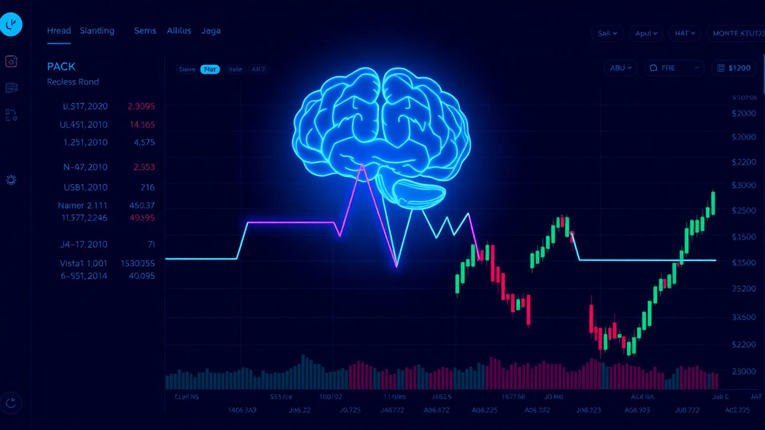 A glowing blue brain with a steady heartbeat line over a volatile candlestick chart on a dark background
