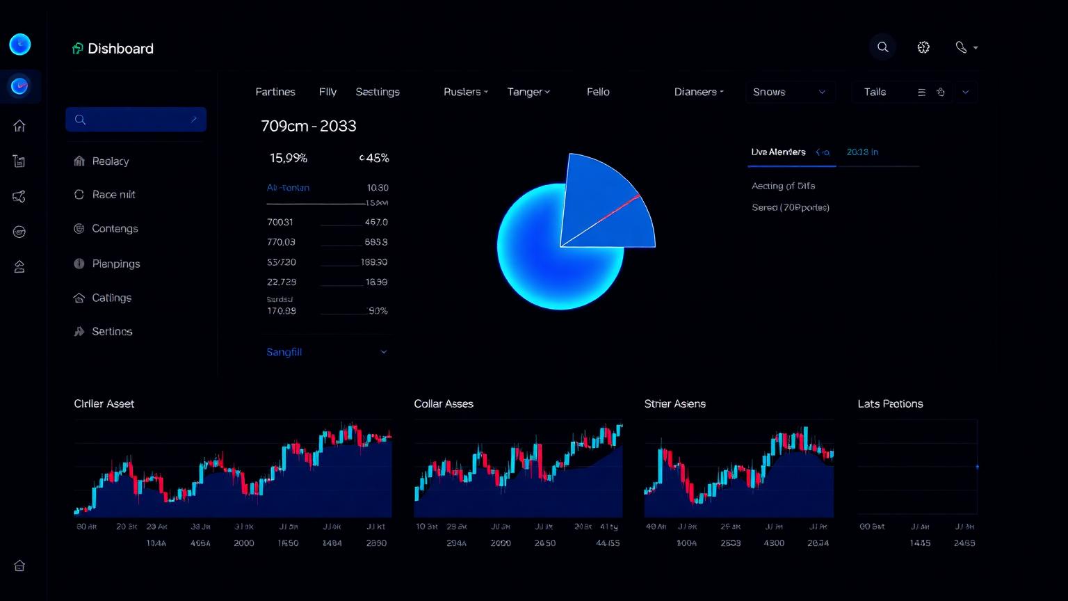 A glowing blue diversified pie chart over multiple small candlestick charts on a dark terminal-style dashboard
