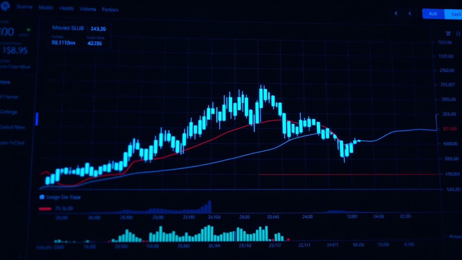 Glowing blue candlestick stock chart with moving averages and volume bars on a dark terminal-style dashboard