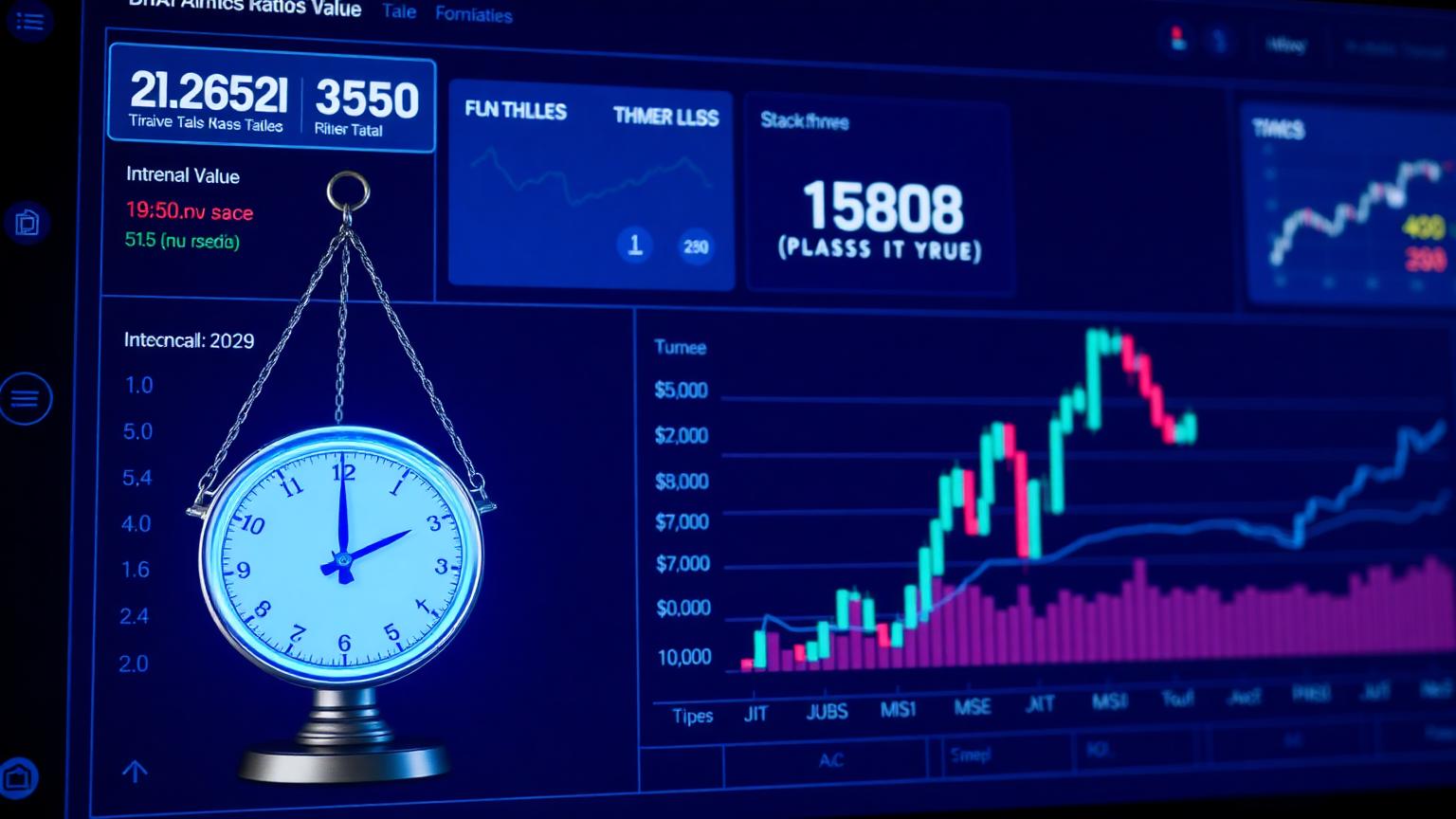 A glowing blue scale weighing a stock ticker against intrinsic value formulas on a dark terminal-style dashboard