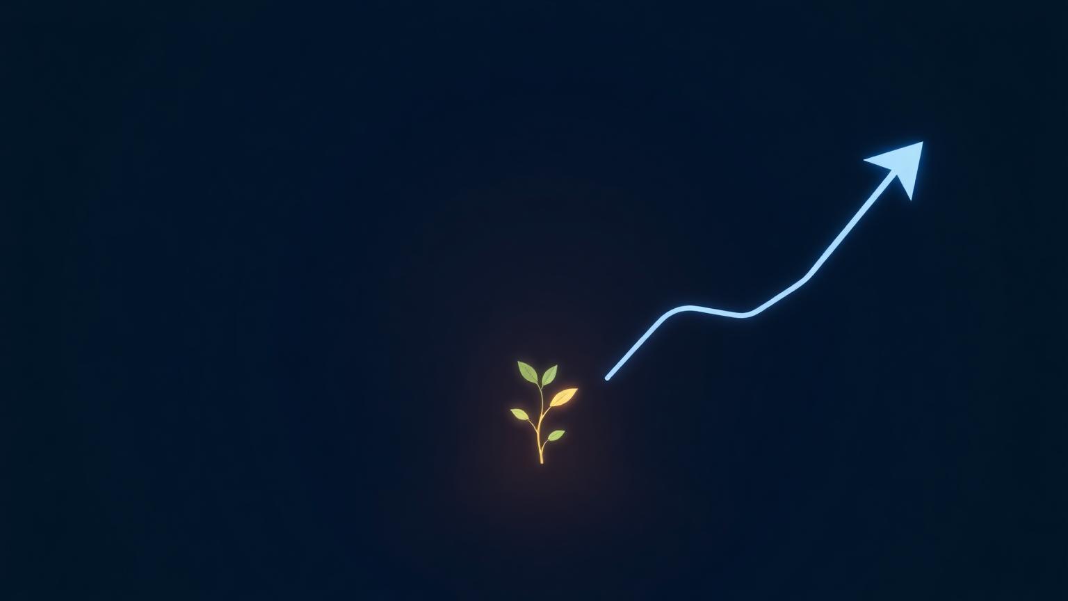 A glowing seedling growing into an upward stock chart line on a dark terminal-style background