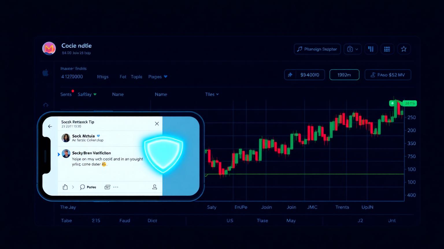 A smartphone showing social media stock tips with a glowing blue verification shield filtering hype on a dark dashboard
