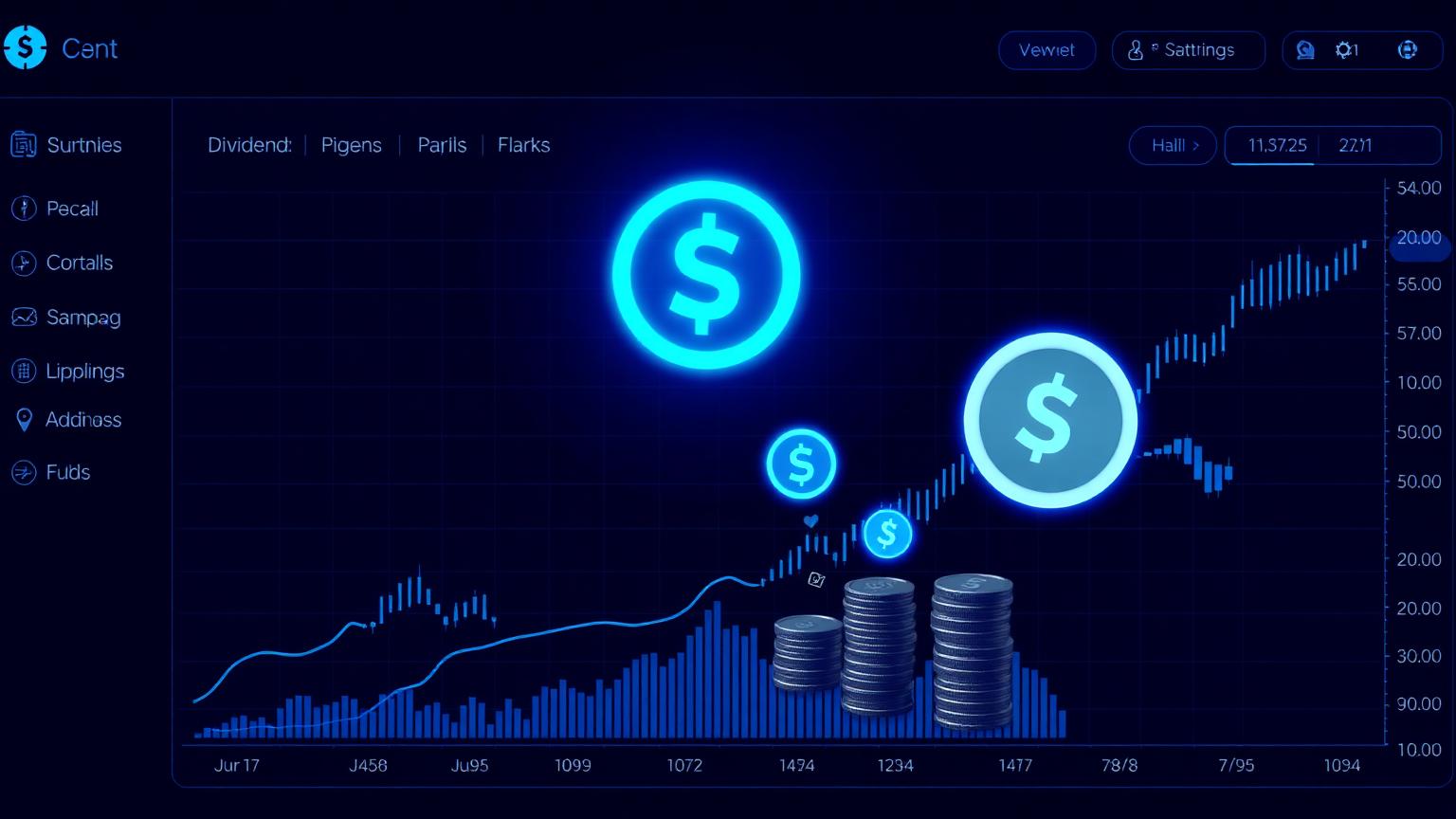 Glowing blue dividend coins flowing from a candlestick stock chart on a dark terminal-style dashboard